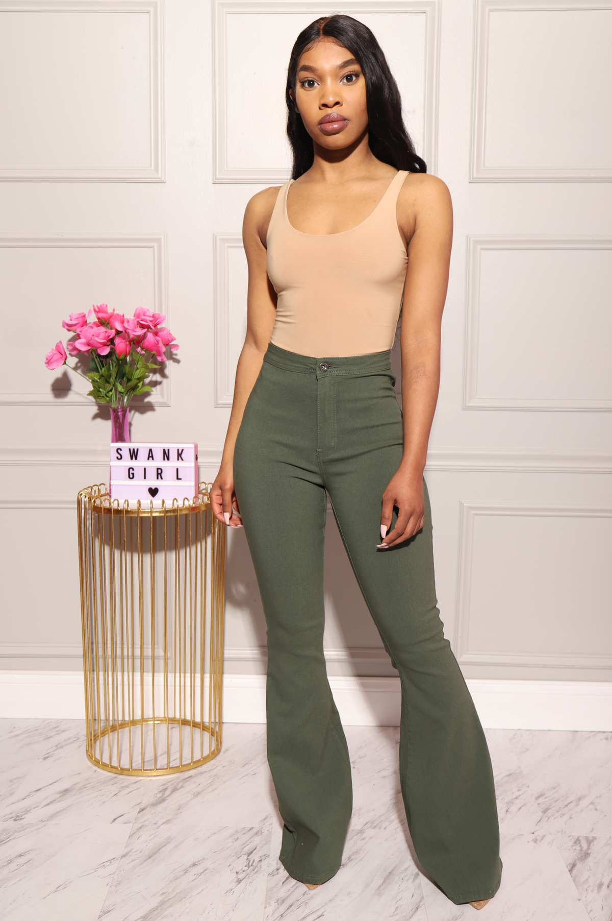 Major High Rise Flare Stretchy Jeans - Olive - Swank A Posh