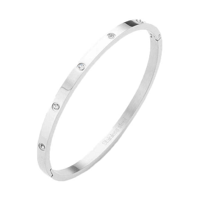 Hidden Treasure Rhinestone Bangle Bracelet - Silver - Swank A Posh