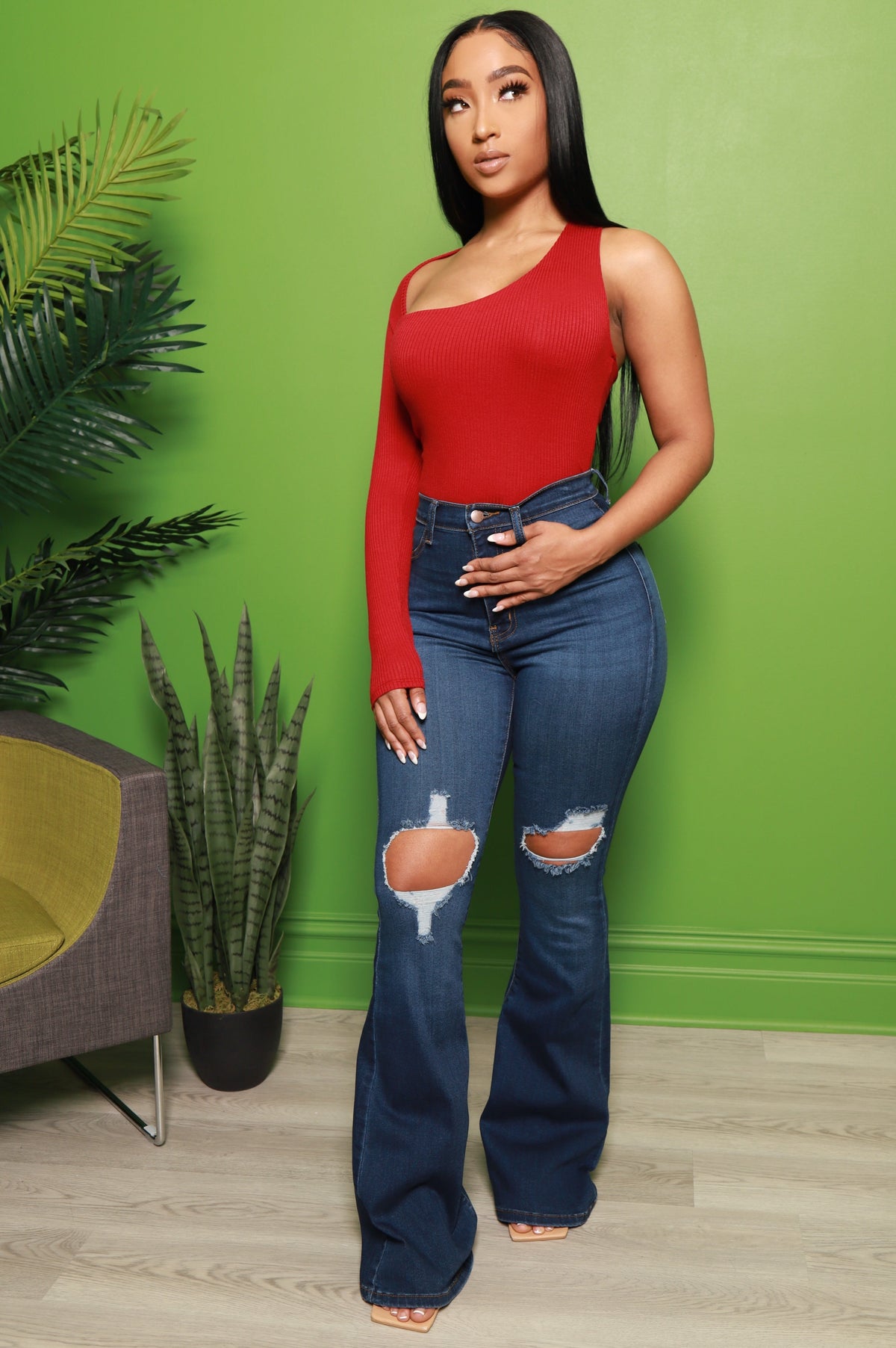 Busted Distressed High Rise Flare Jeans - Dark Wash - Swank A Posh