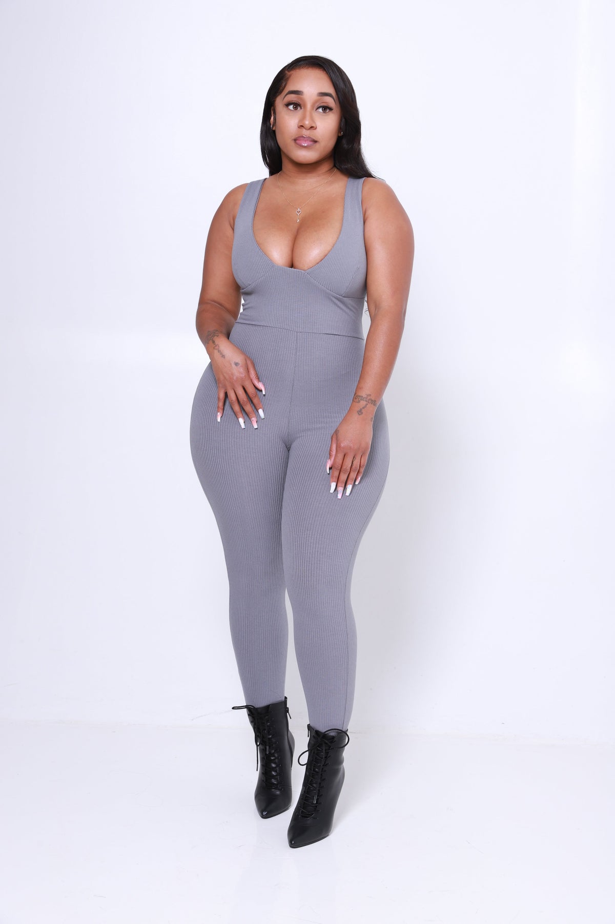 Point of View Ribbed Jumpsuit - Grey - Swank A Posh